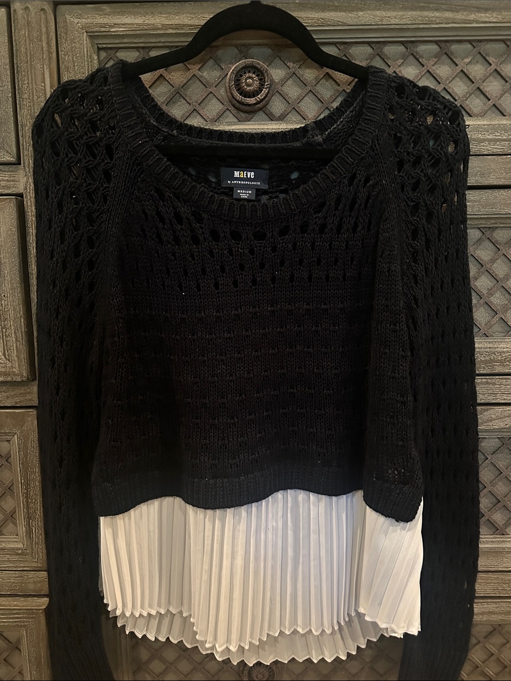 Anthropologie Maeve Black Open-Knit Crew Sweater with White Pleated Hem